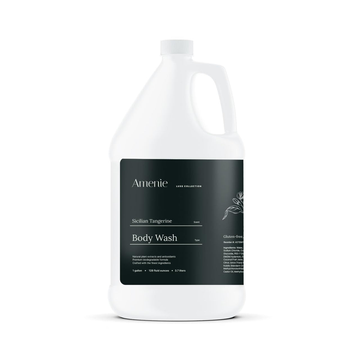 Amenie Sicilian Tangerine Body Wash bottle offers spa-like cleansing for hotel bathrooms.