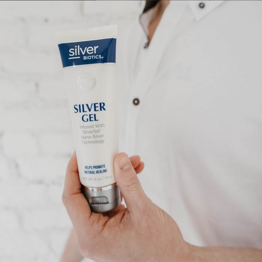 American Biotech Labs SilverBiotics clear gel spread on skin surface.