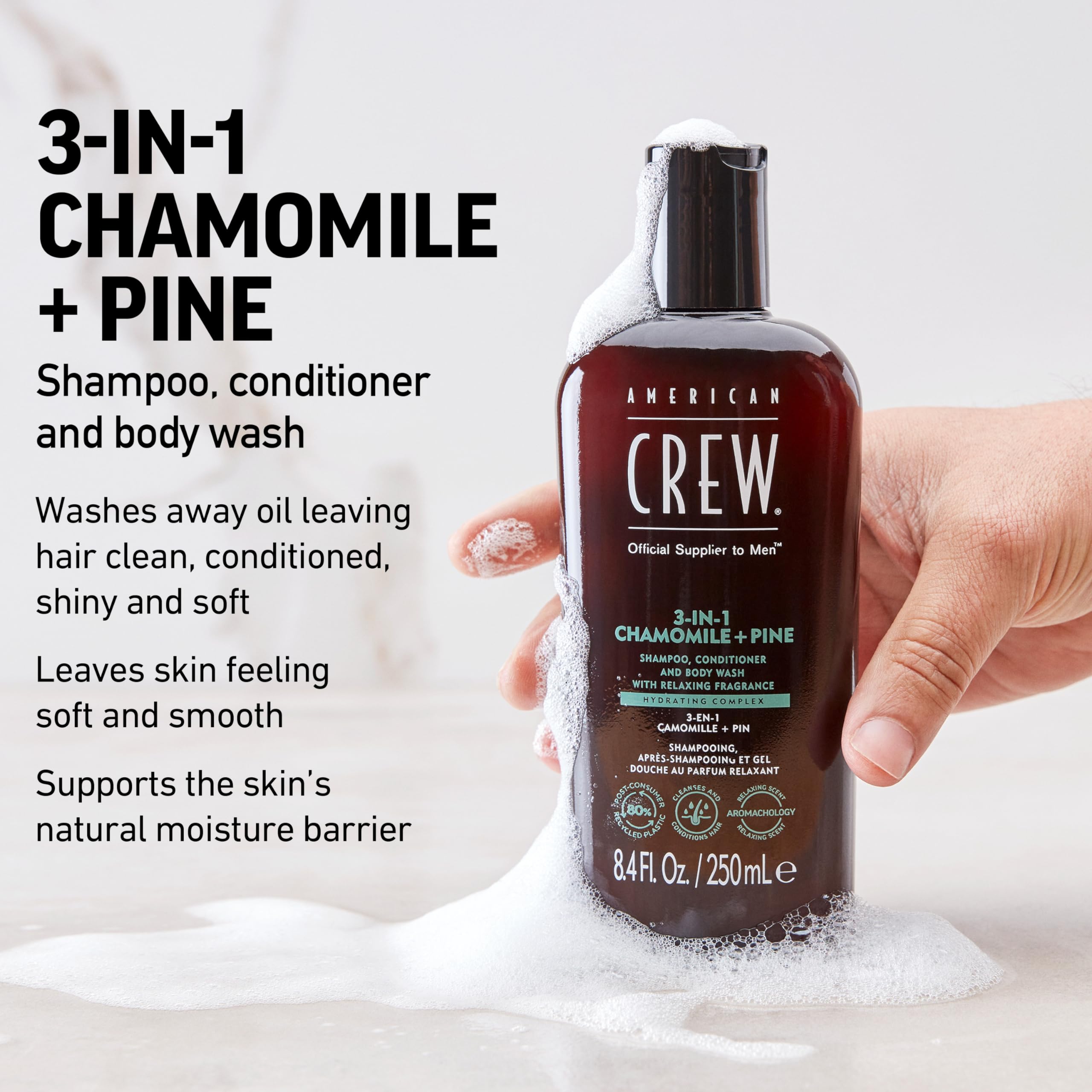 American Crew 3-in-1 Chamomile & Pine close-up reveals soothing fragrance while washing.