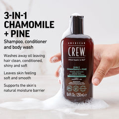 American Crew 3-in-1 Chamomile & Pine close-up reveals soothing fragrance while washing.