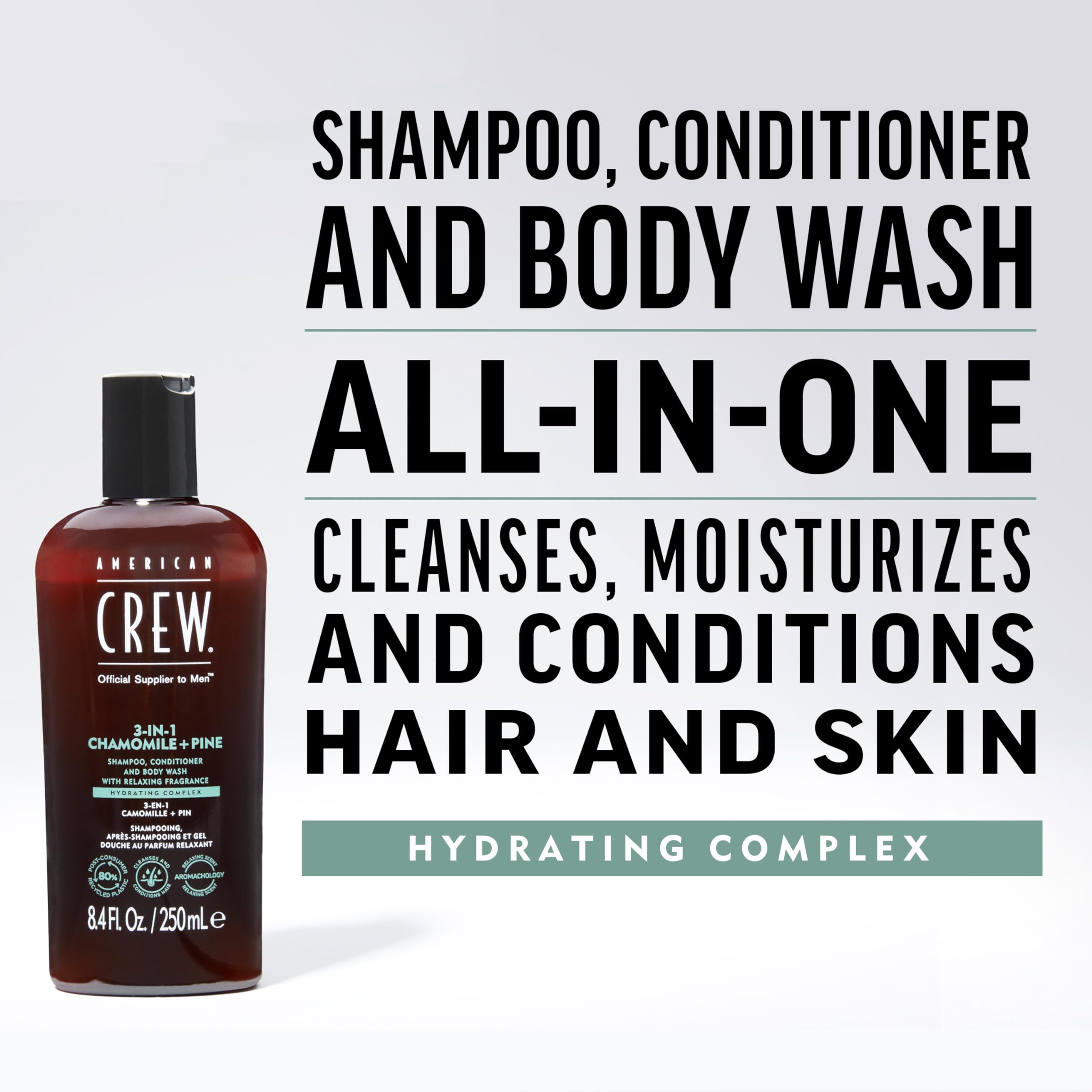 American Crew 3-in-1 Chamomile & Pine lather demonstrates gentle cleansing for hair and body.