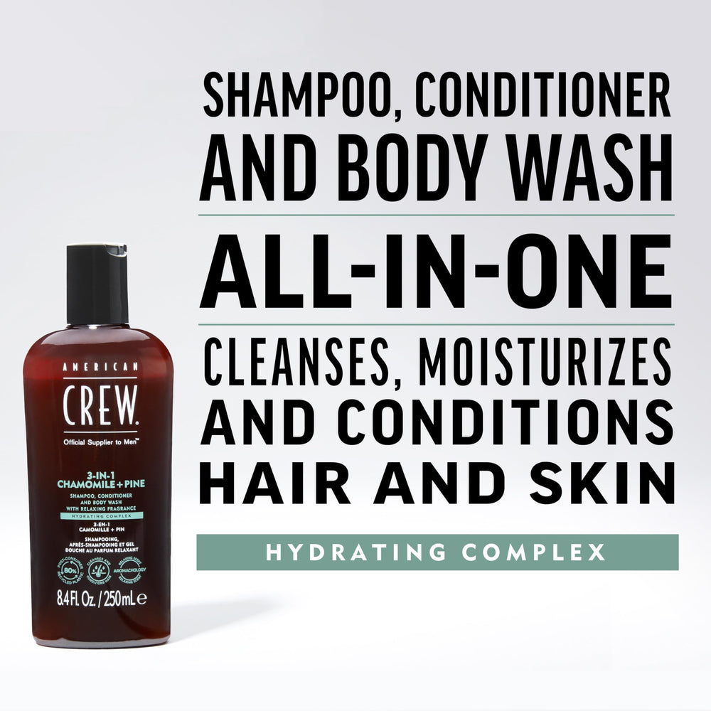 American Crew 3-in-1 Chamomile & Pine lather demonstrates gentle cleansing for hair and body.