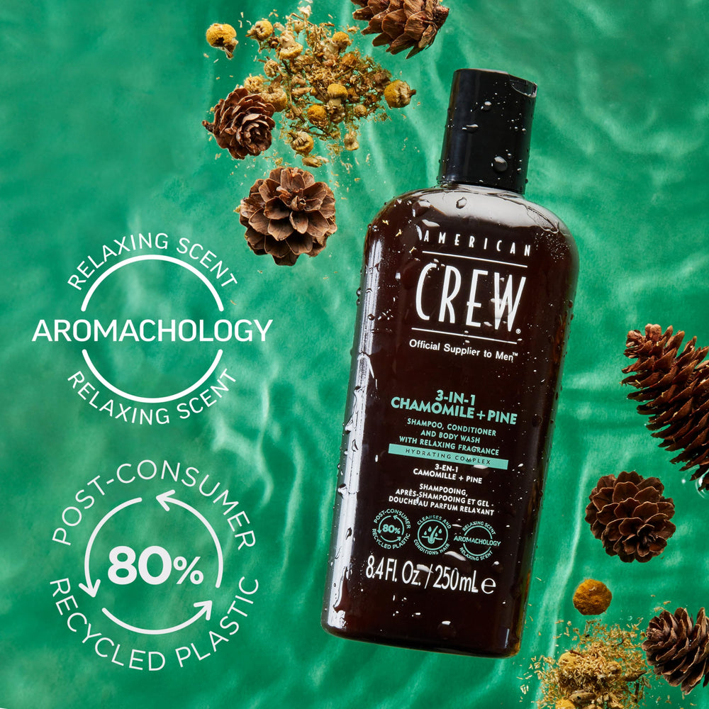 American Crew 3-in-1 Chamomile & Pine fragrance shot suggests calming scent during showers.