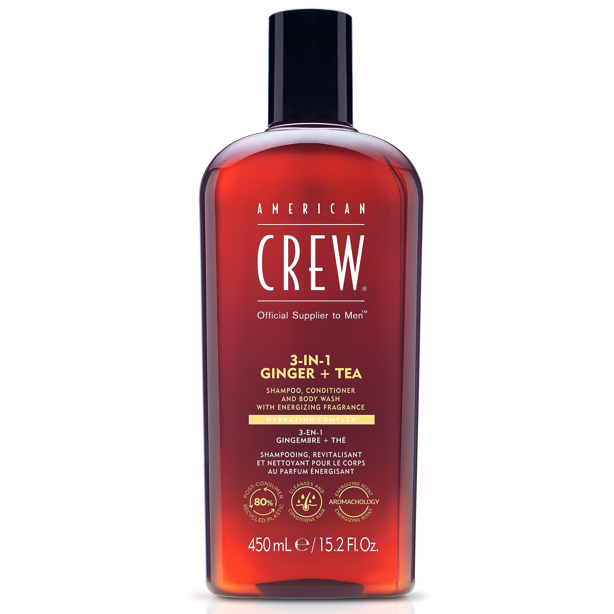 AMERICAN CREW 3-in-1 Ginger Tea bottle for hair and body cleansing.