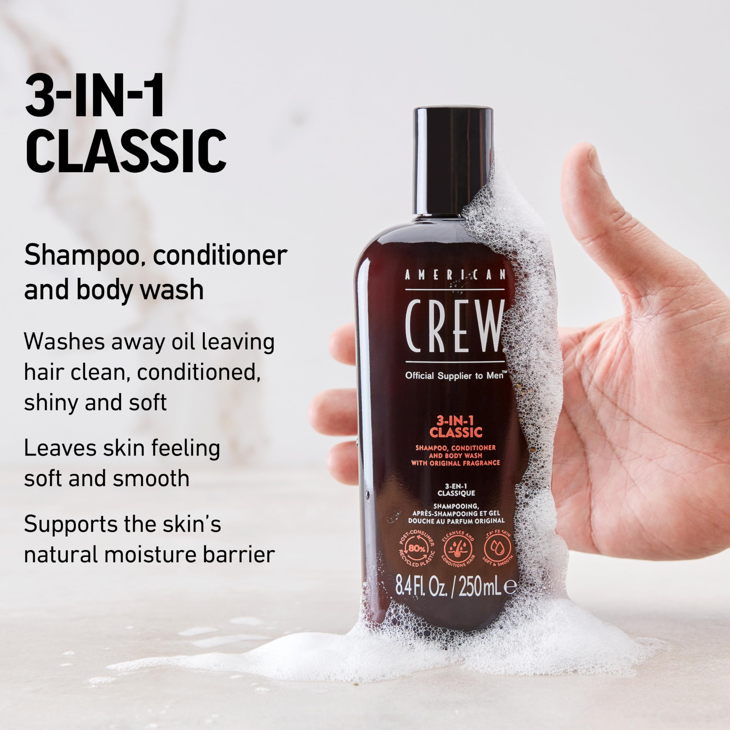 American Crew 3-in-1 body wash poured onto skin for a refreshing cleanse
