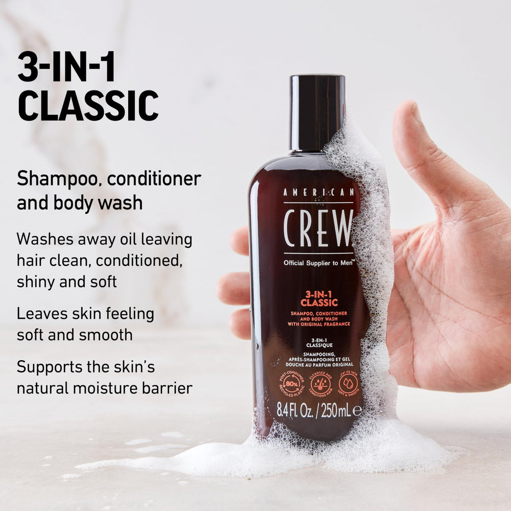 American Crew 3-in-1 body wash poured onto skin for a refreshing cleanse