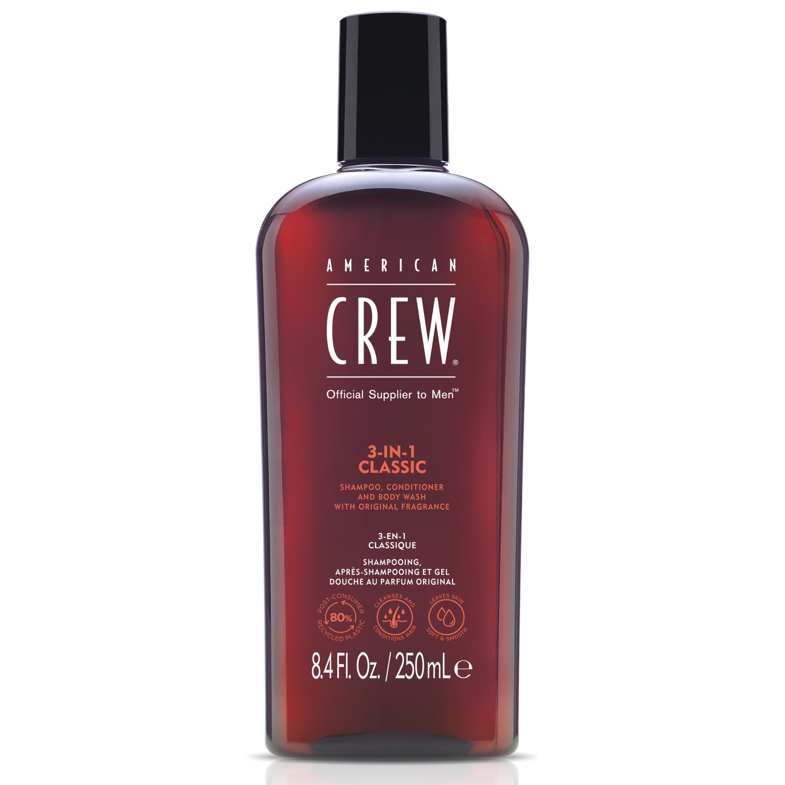 American Crew 3-in-1 shampoo bottle pouring for easy all-in-one cleansing