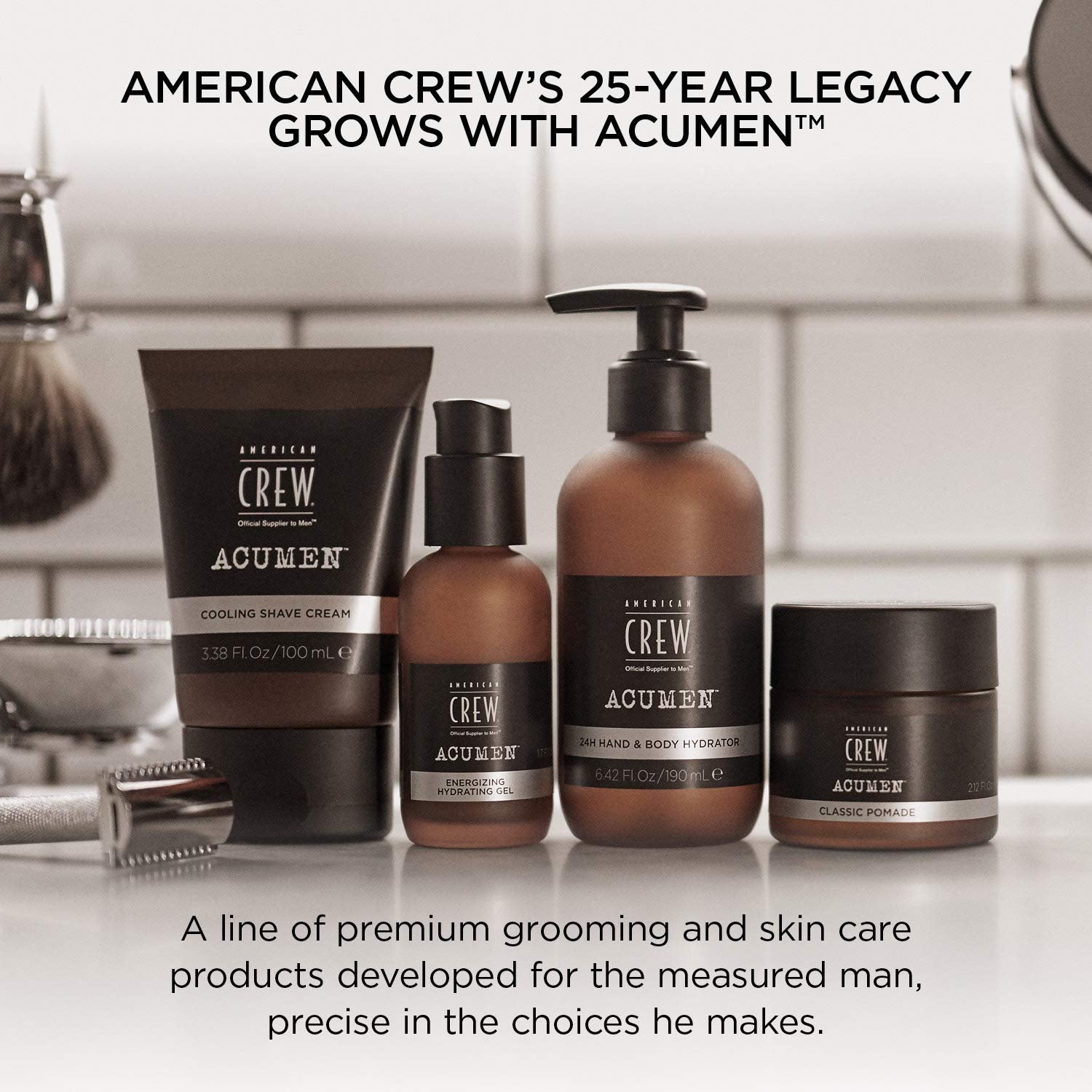 Label close-up highlighting cranberry extract and Acumen Complex in American Crew body wash.