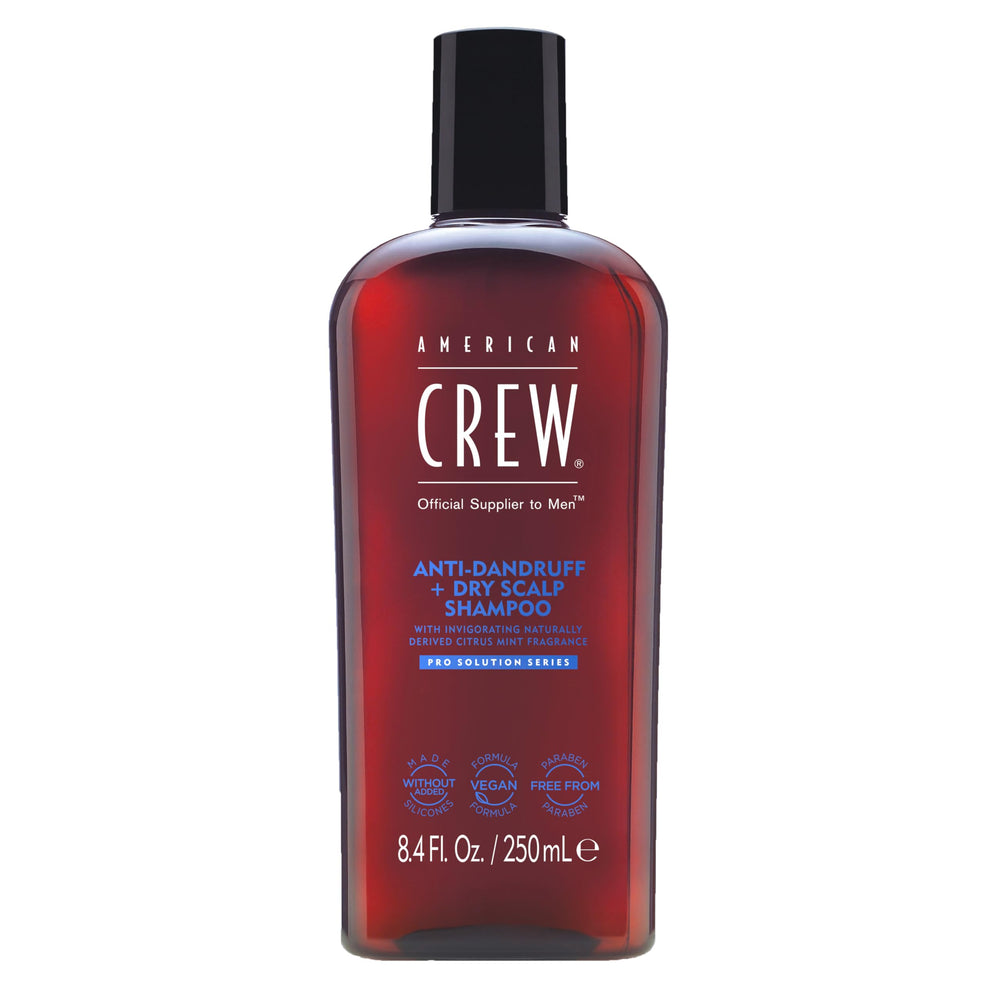 American Crew Anti-Dandruff Shampoo bottle showing a refreshed scalp and flake-free look