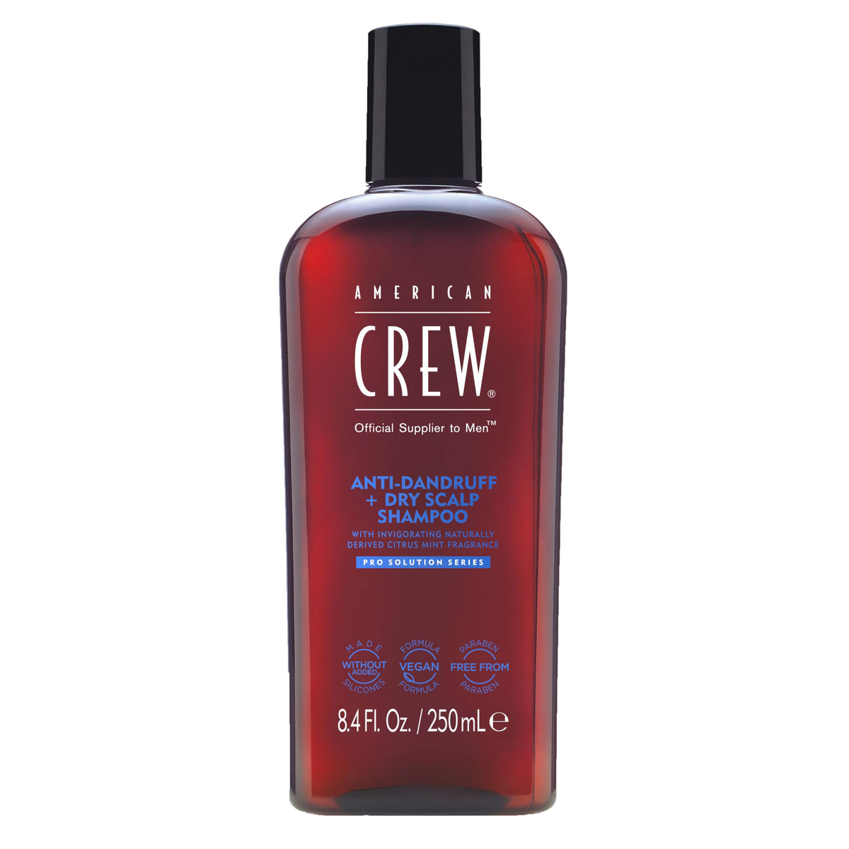 American Crew Anti-Dandruff Shampoo bottle showing a refreshed scalp and flake-free look