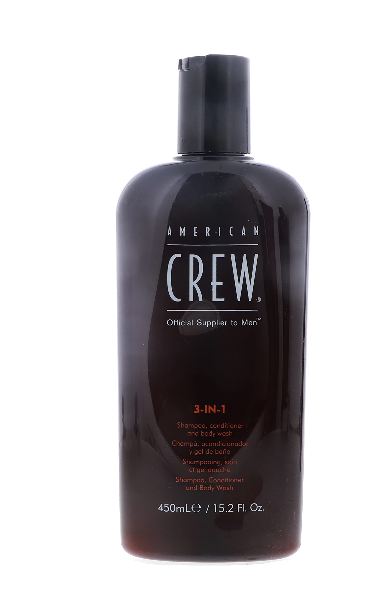 Three-pack display of American Crew Classic 3-in-1 shampoo.