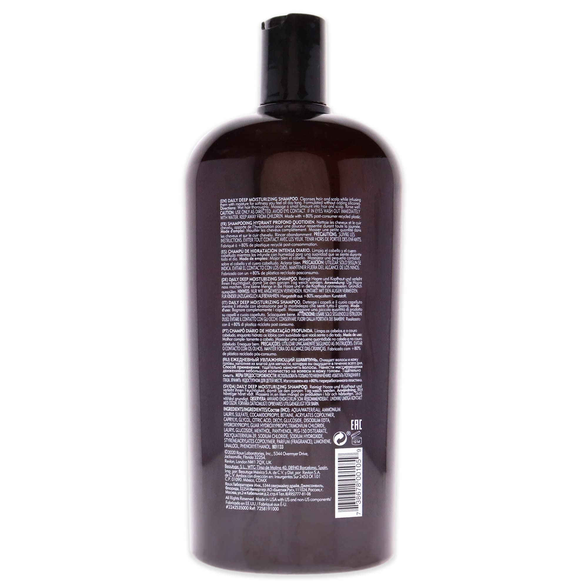 American Crew Daily Moisturizing Shampoo label closeup showing branding and size.