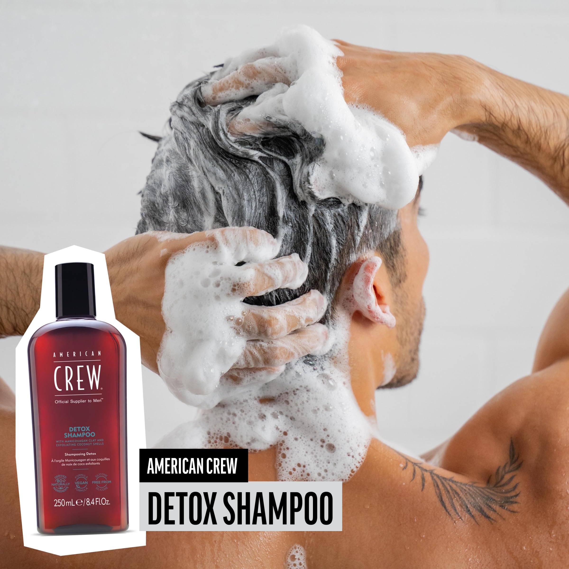 American Crew Detox Shampoo clay closeup emphasizes Manicouagan clay nutrients for scalp renewal