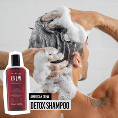 American Crew Detox Shampoo clay closeup emphasizes Manicouagan clay nutrients for scalp renewal