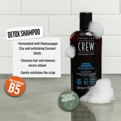 American Crew Detox Shampoo lather on hand shows exfoliating cleansing action for buildup-free hair