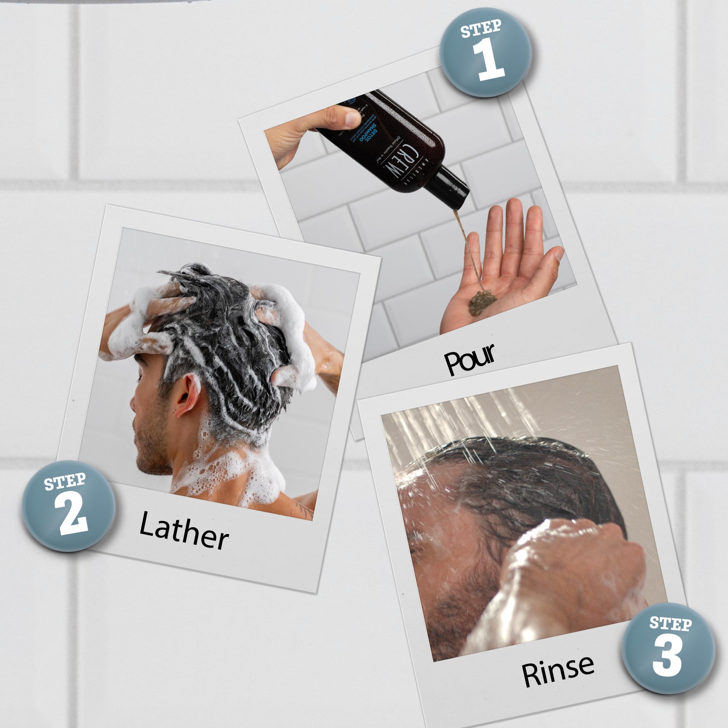 American Crew Detox Shampoo scalp massage scene conveys refreshing cleansing and hair softness