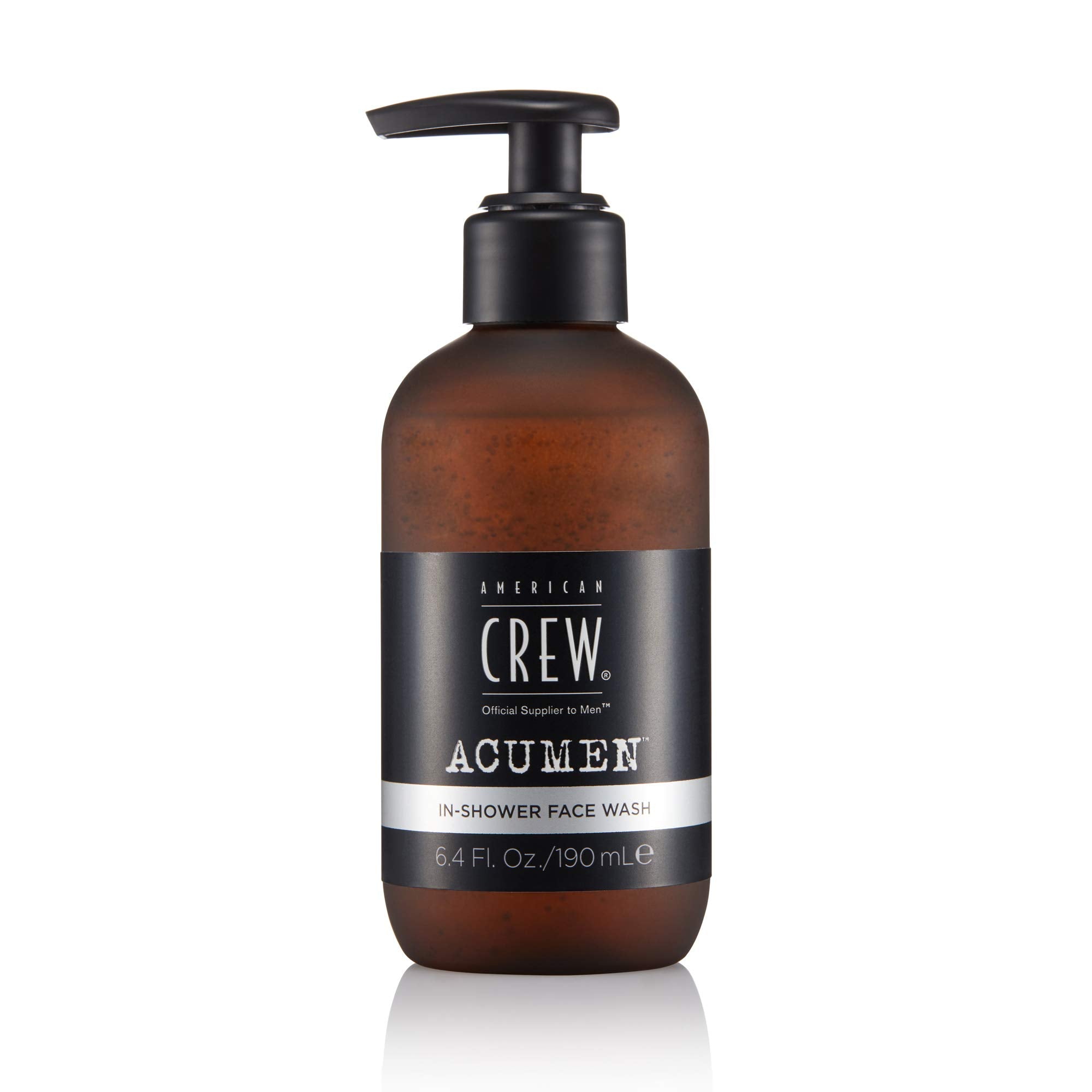 American Crew face wash bottle in shower pour for quick cleansing.