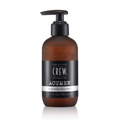 American Crew face wash bottle in shower pour for quick cleansing.