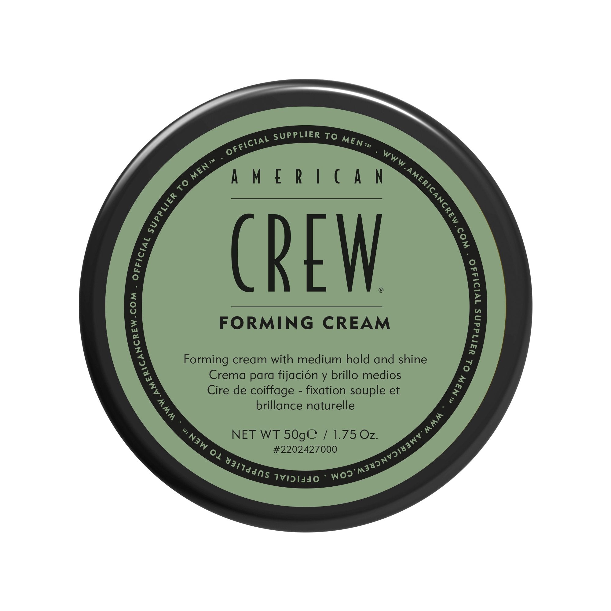 American Crew Forming Cream jar close-up showing versatile styling across hair types.
