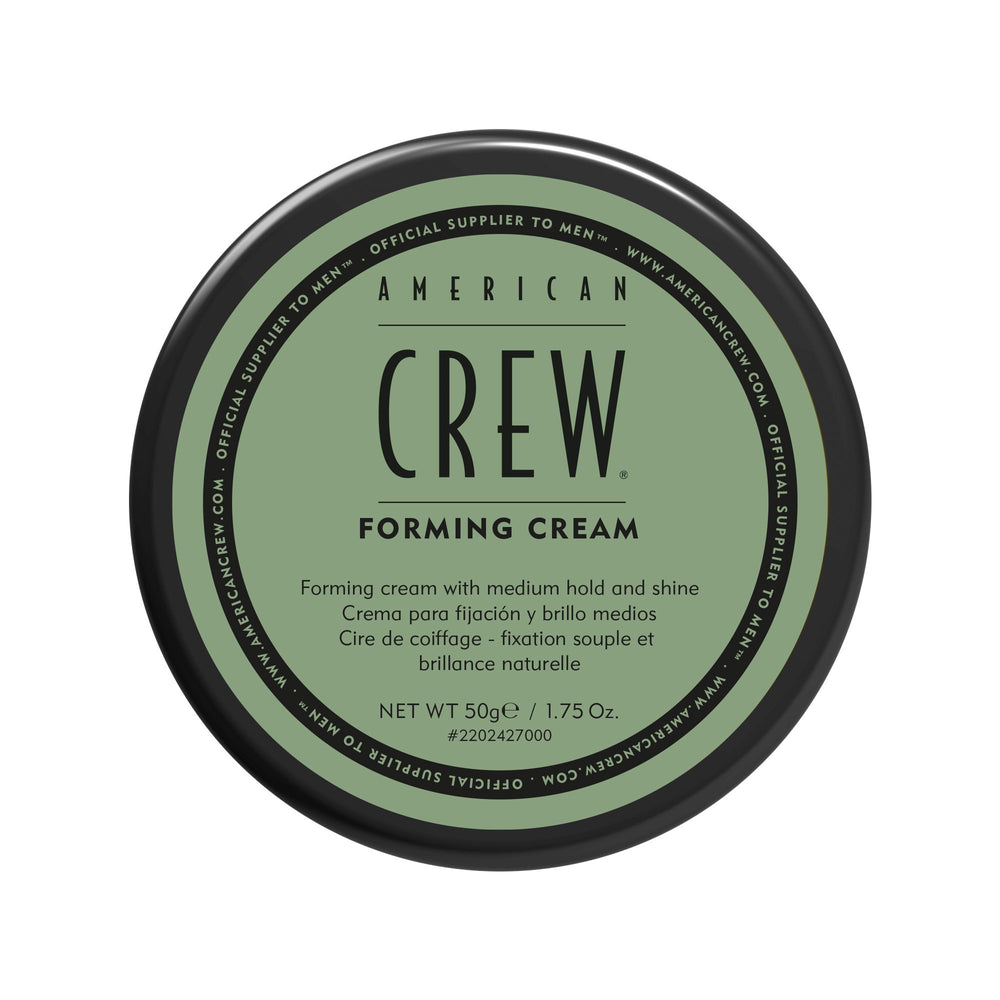 American Crew Forming Cream jar close-up showing versatile styling across hair types.