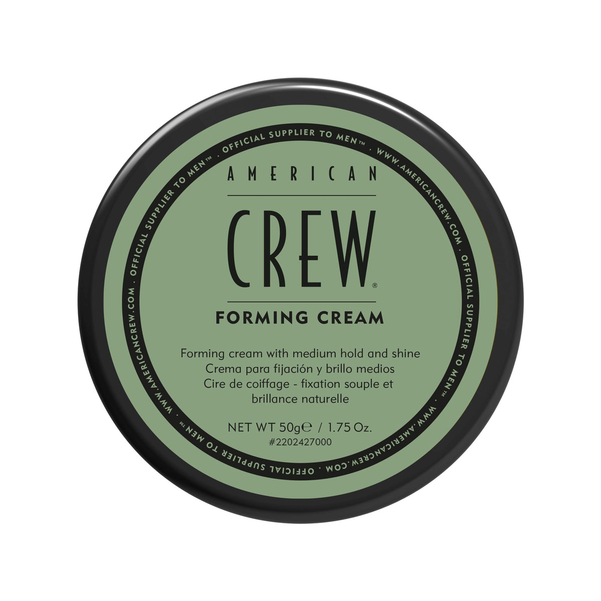 American Crew Forming Cream jar close-up showing versatile styling across hair types.