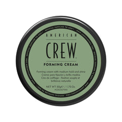 American Crew Forming Cream jar close-up showing versatile styling across hair types.
