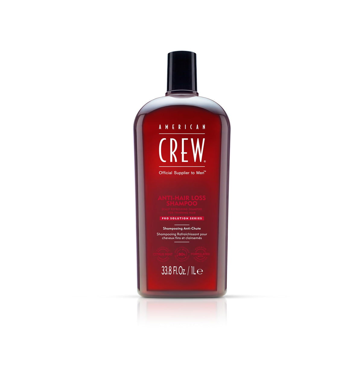 American Crew Fortifying Shampoo bottle refreshing scalp and cleansing thinning hair.