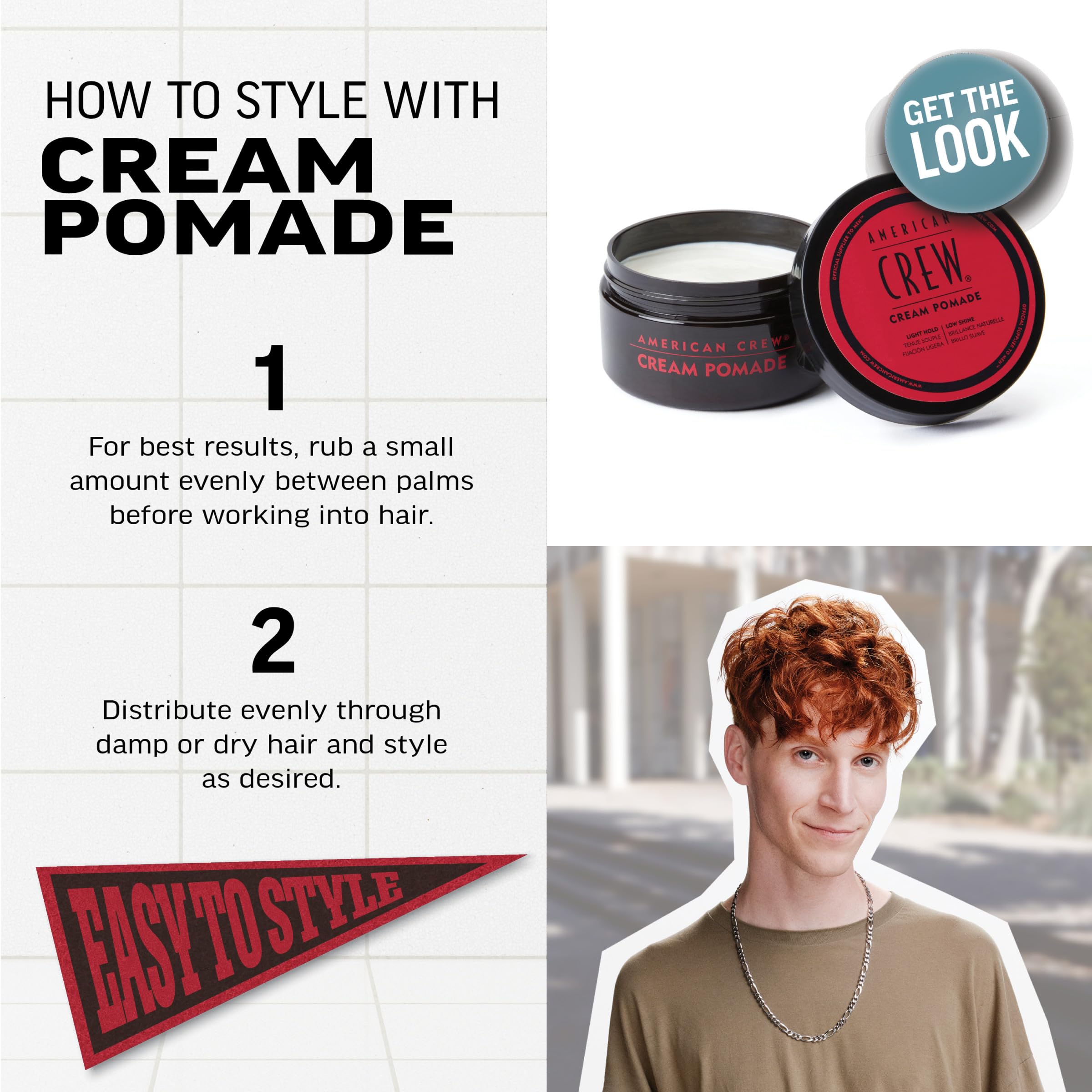 Low shine finish from American Crew Hair Cream Pomade for a professional look.