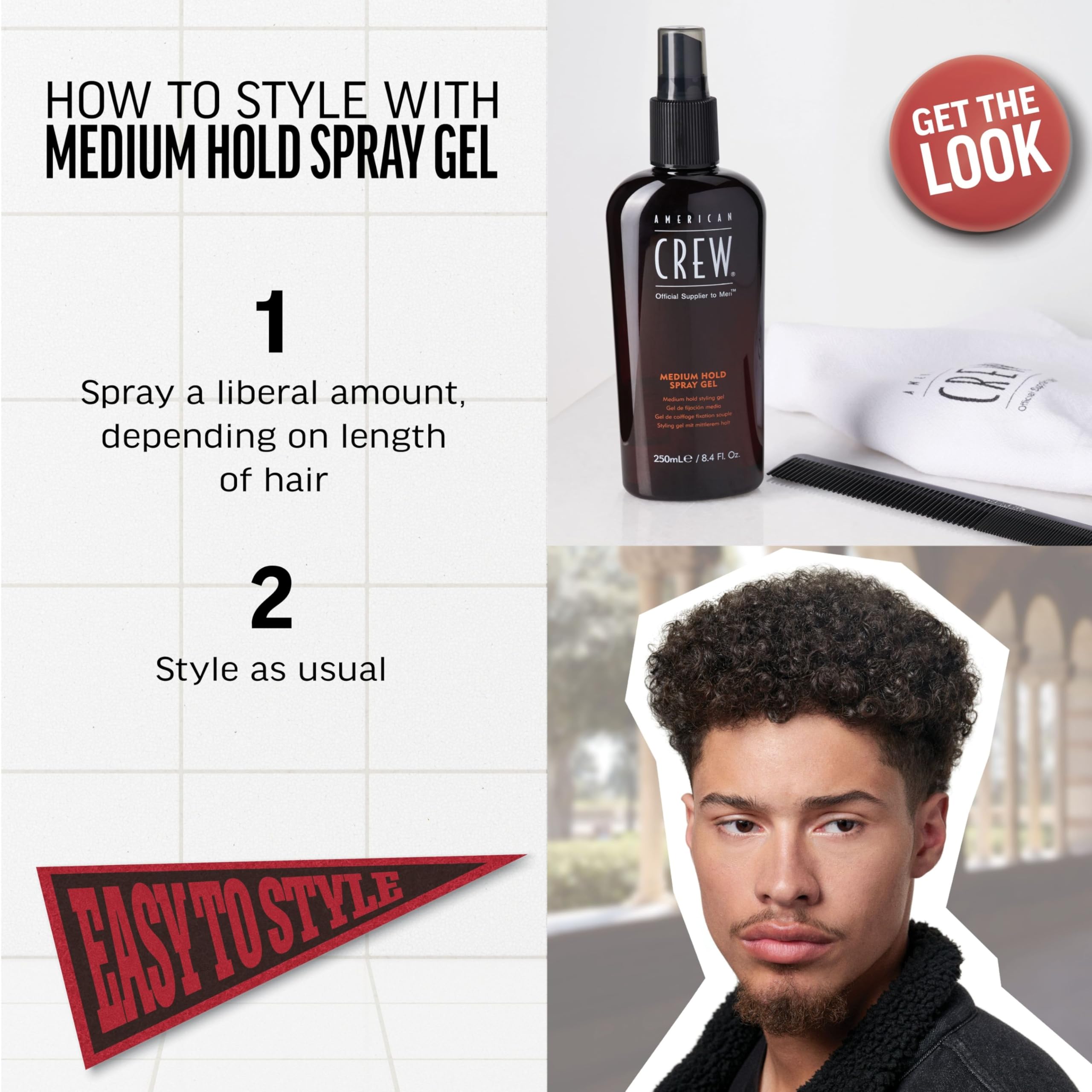 Model applying American Crew gel for a natural finish.