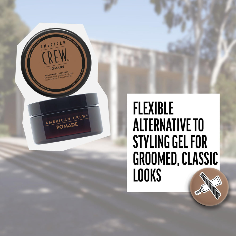 American Crew pomade shine close-up emphasizing high-shine finish on short styles