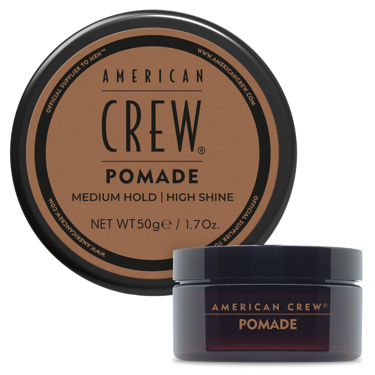 American Crew pomade travel-size tin showing medium hold and high shine in use