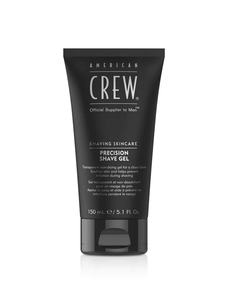 American Crew Precision Shave Gel in a clear bottle pour for precise, visible shaving lines.