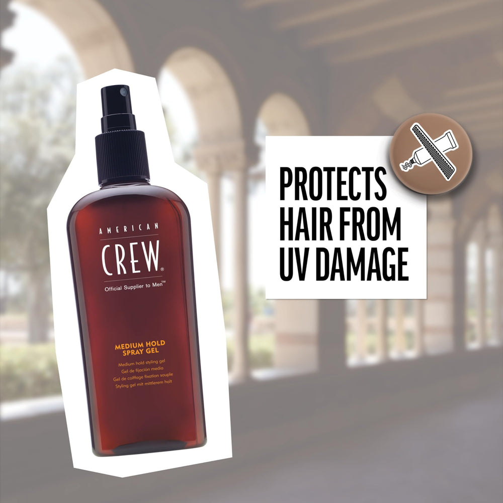 Illustration of sunscreen feature in American Crew spray gel.