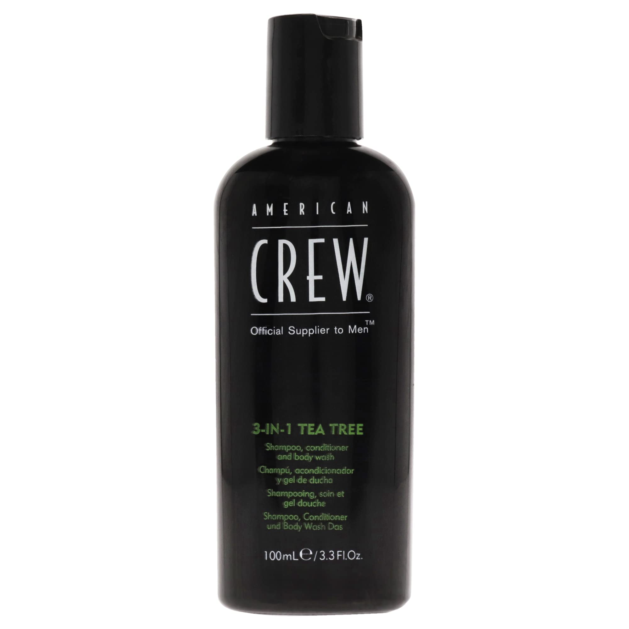 American Crew Tea Tree 3-in-1 bottle for hair and body cleansing with a refreshing scent.