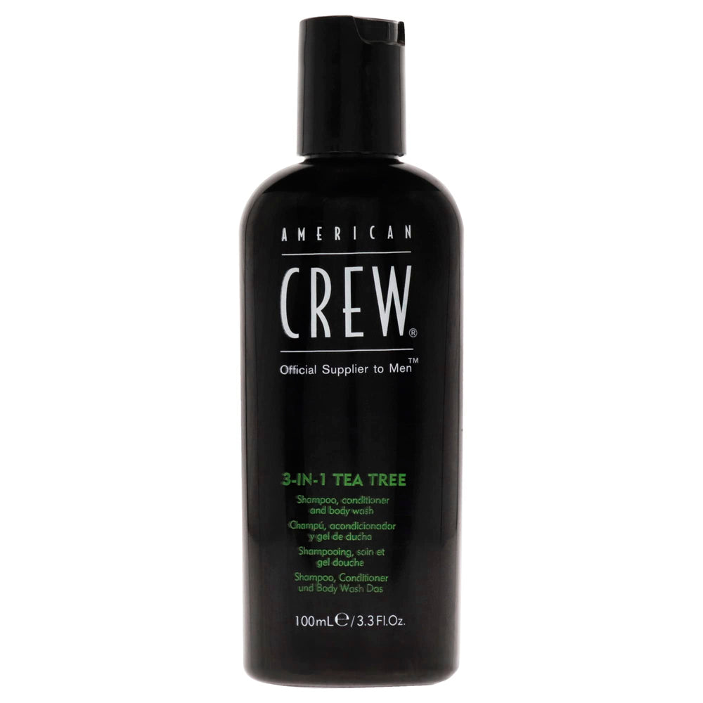 American Crew Tea Tree 3-in-1 bottle for hair and body cleansing with a refreshing scent.
