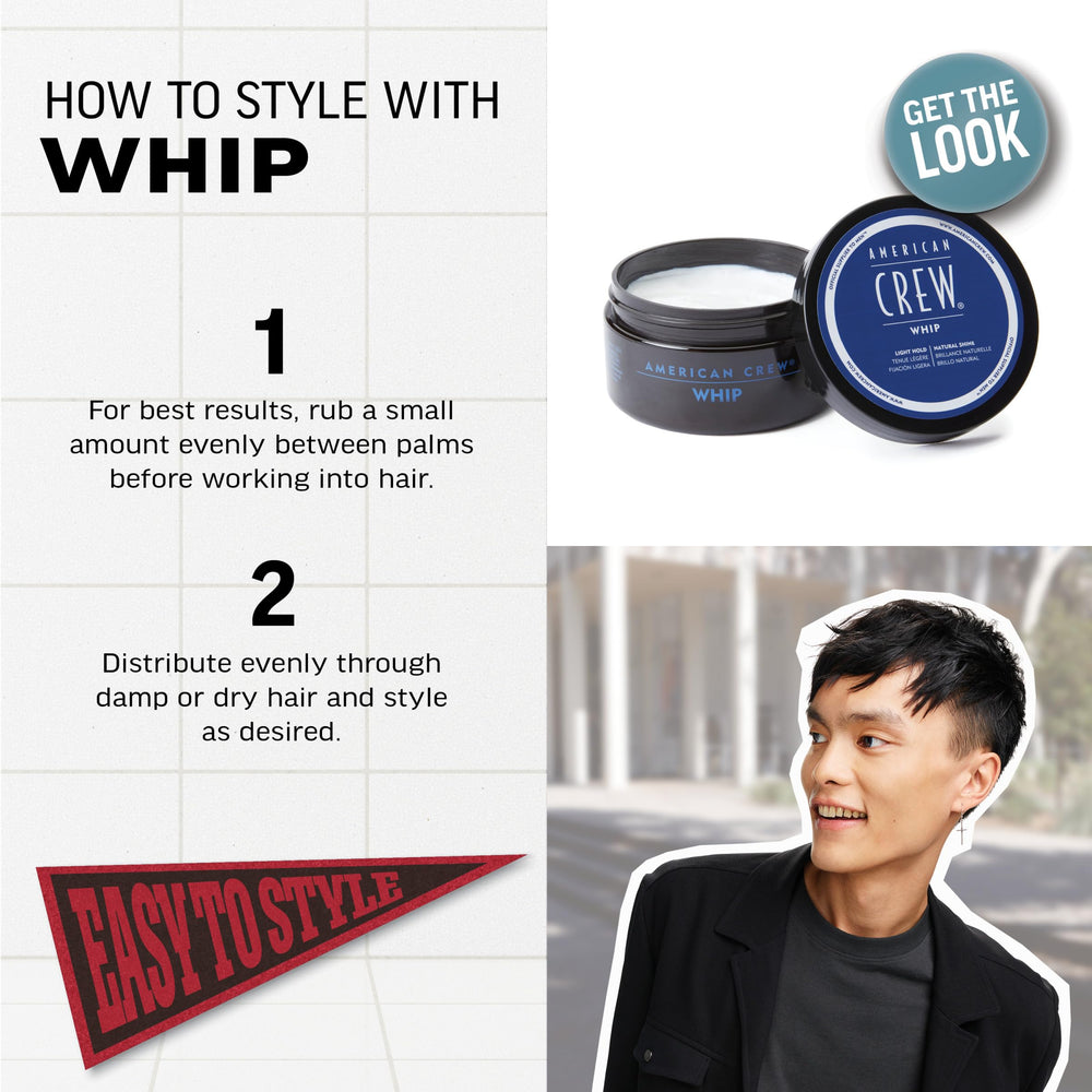 American Crew Whip Styling Cream pliable hold on straight to wavy hair.