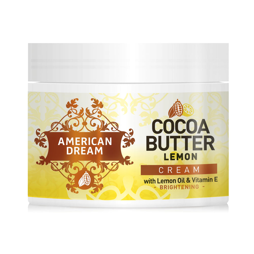 American Dream Cocoa Butter Lemon Cream bottle with lemon oil for hydrating skin.