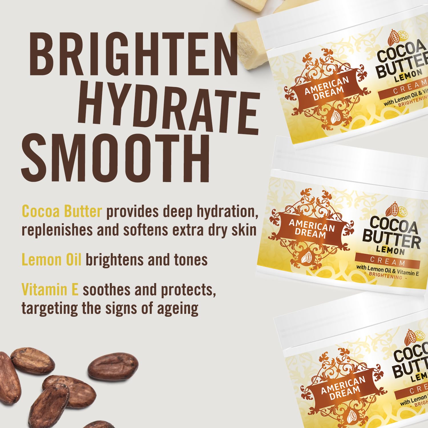 American Dream Cocoa Butter Lemon Cream texture shown for smoothing dry skin.