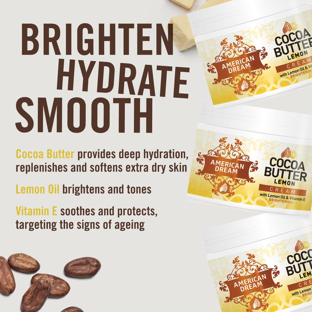 American Dream Cocoa Butter Lemon Cream texture shown for smoothing dry skin.