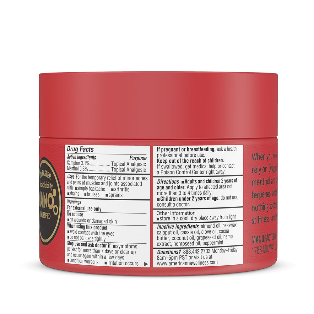 Americanna Dragon Balm packaging panel highlights ingredients and uses.