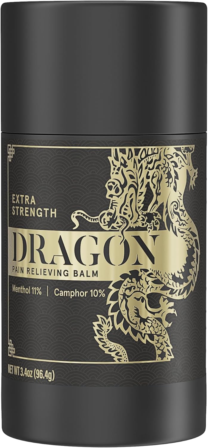 Americanna Wellness Dragon Balm bottle close-up highlighting a potent relief option for minor muscle tension.