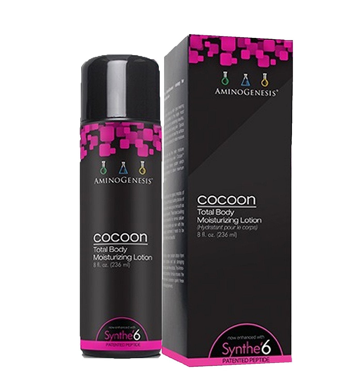 AminoGenesis Cocoon bottle displaying moisturizing lotion for dry skin relief
