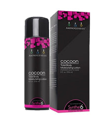AminoGenesis Cocoon bottle displaying moisturizing lotion for dry skin relief