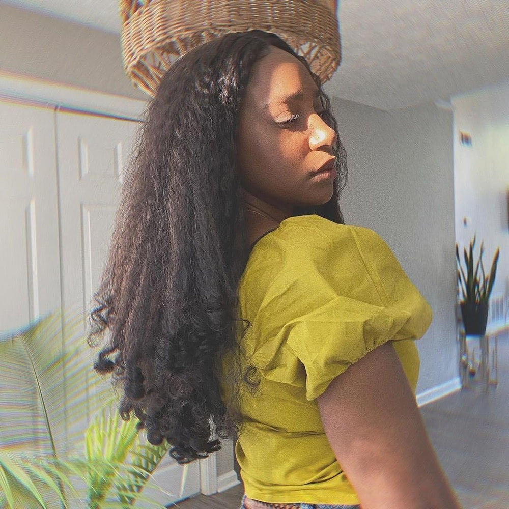 Aminow Afro Curly V Part Wig back view highlighting full-bodied curls.