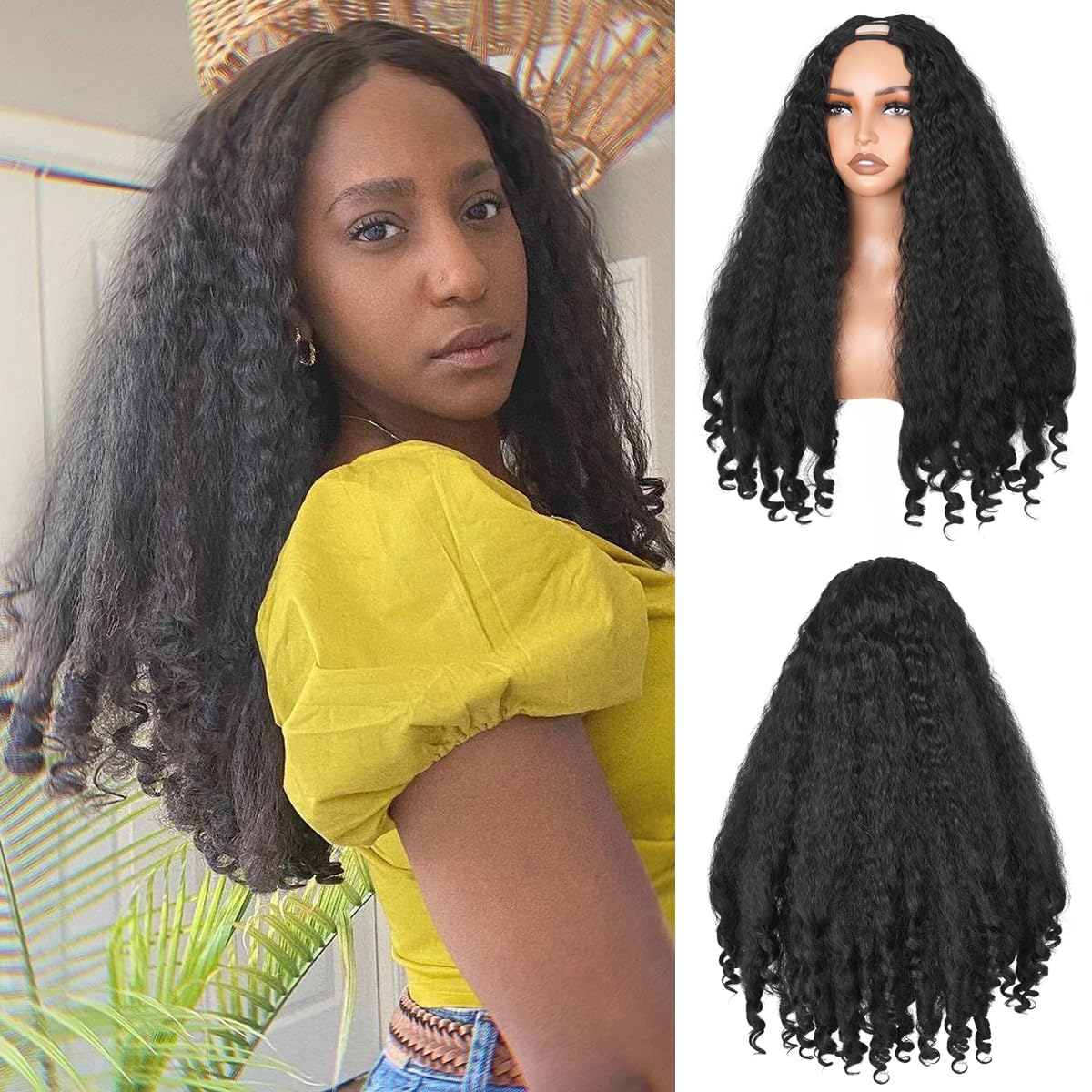 Aminow Afro Curly V Part Wig front view with natural black hue and shine.