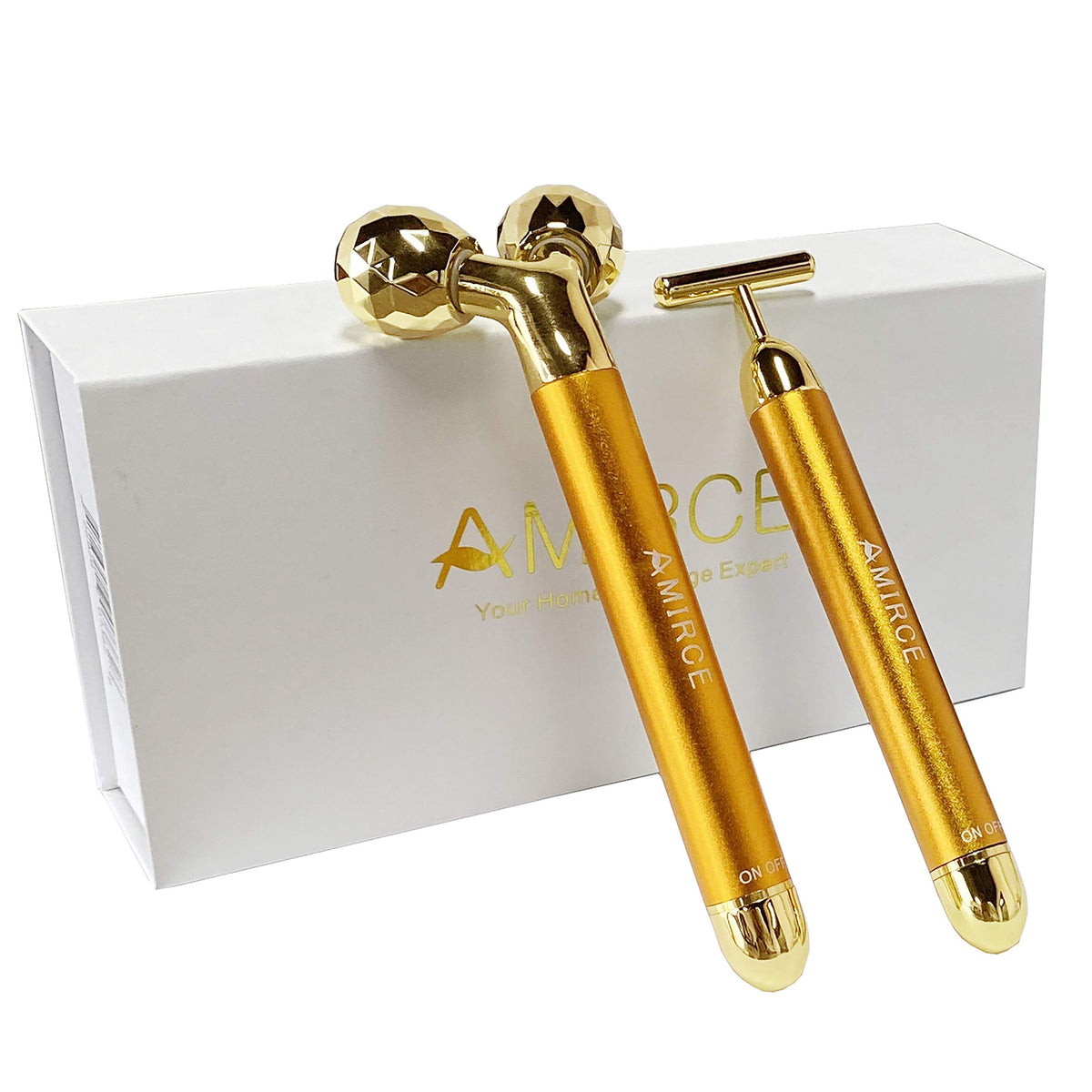 Amirce Face Massager Roller 3D Golden closeup for soothing facial massage.