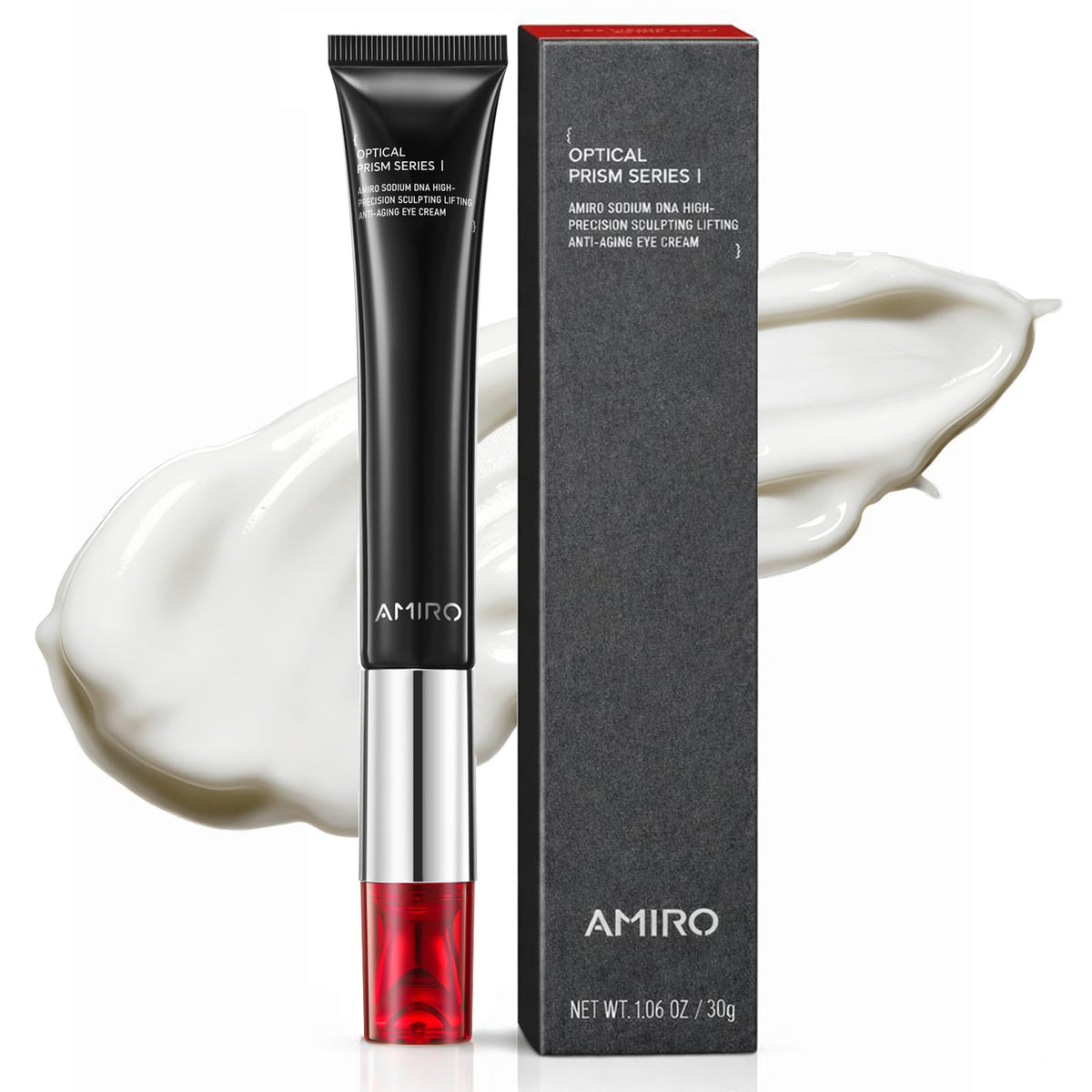 AMIRO crème yeux avec lumière rouge pour hydratation ciblée et raffermissement.