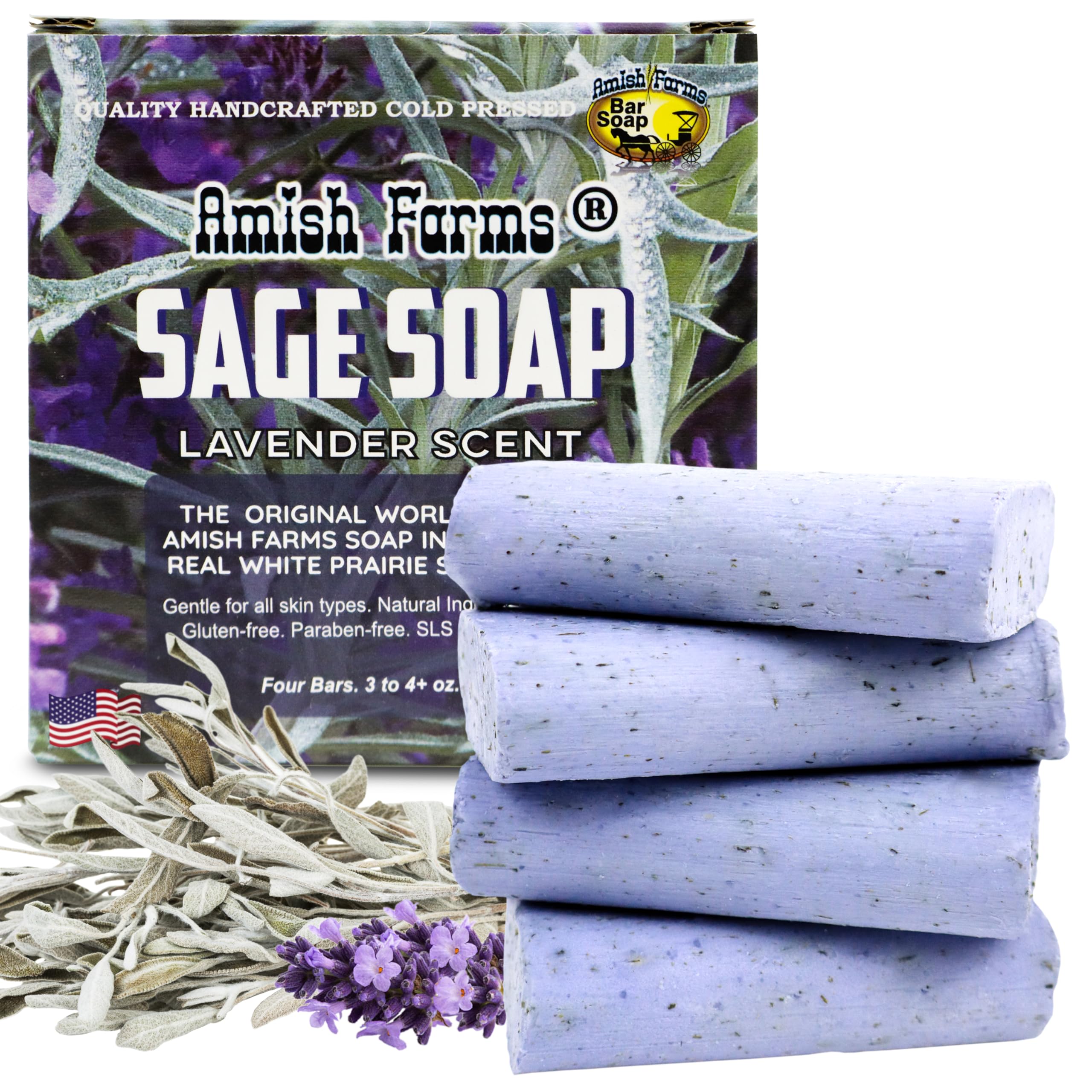 Amish Farms Sage Soap Bar with lavender scent provides gentle cleansing and calming aroma.