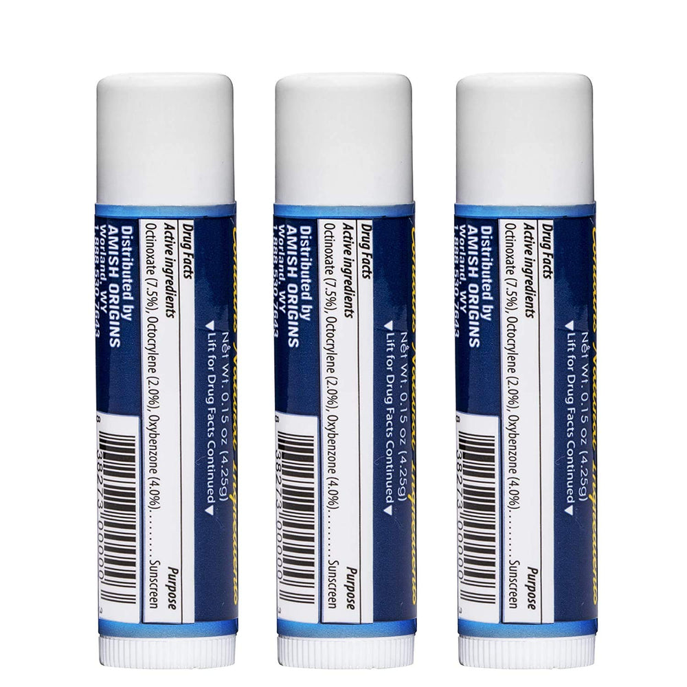 Amish Origins Lip Doc balm providing sun protection in a compact tube