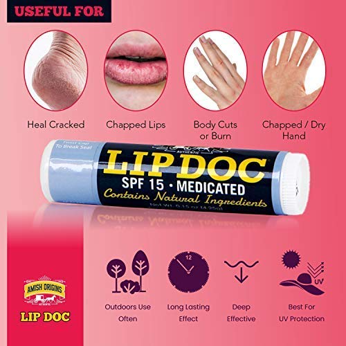 Amish Origins Lip Doc SPF 15 balm being applied for lip protection